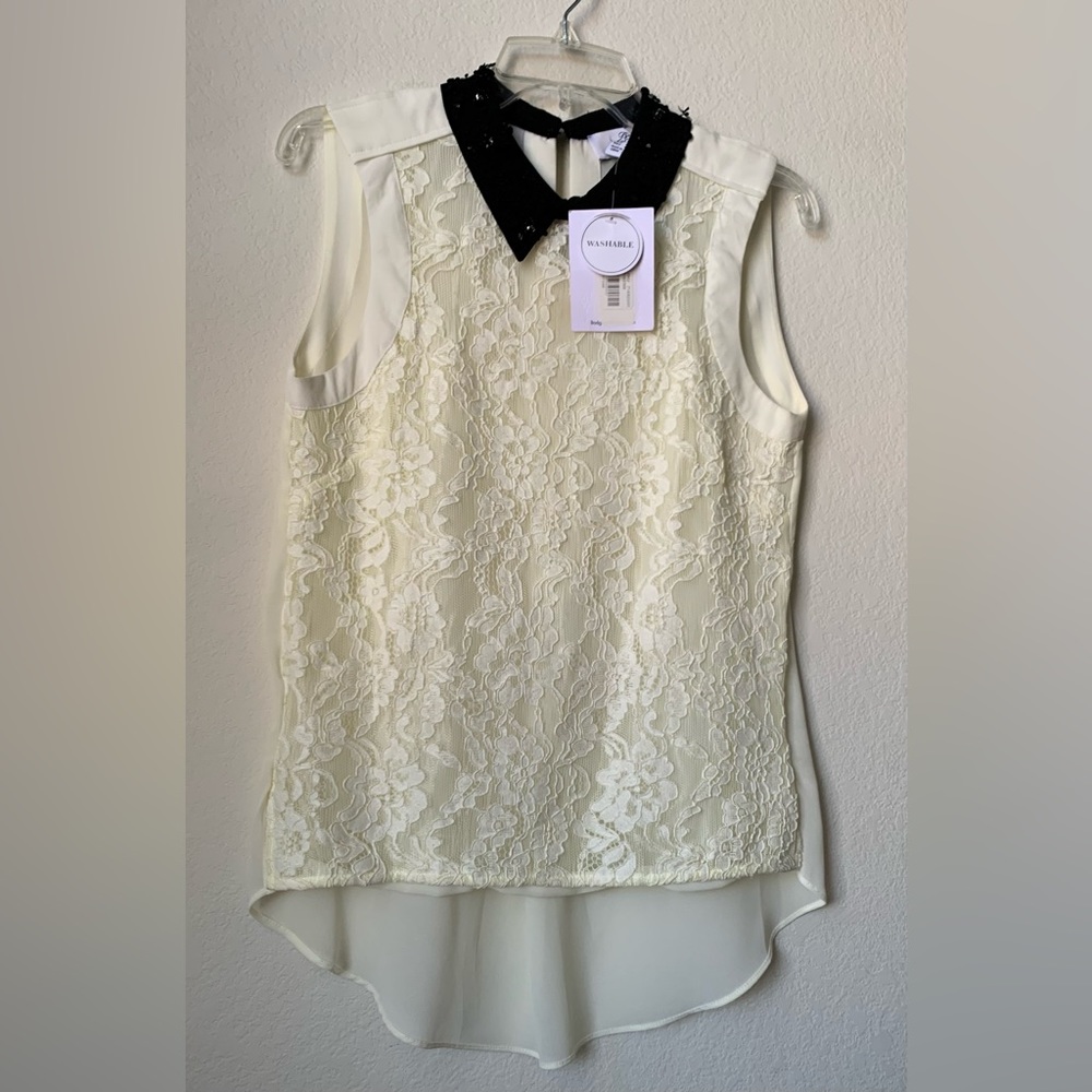 NWT Bell Badgley Mischka Ivory Lace Sleeveless Top/Black Collar/Floral Appliqué